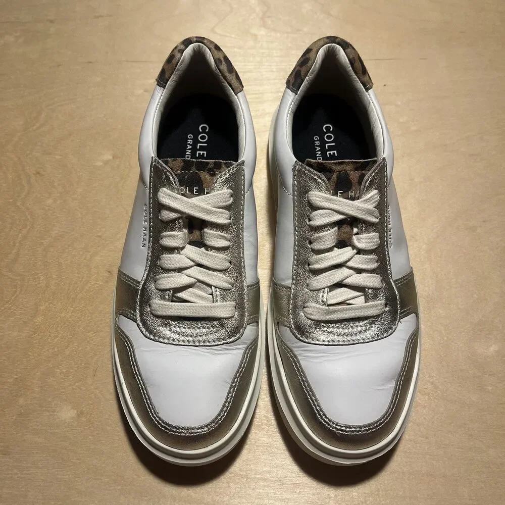 Cole Haan Women GrandPro Rally Court White Gold Leather Leopard Sneaker Size 6.5